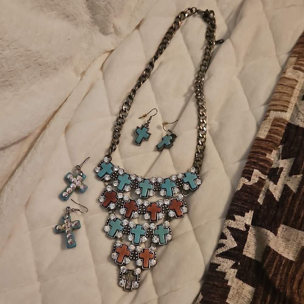 Multicolor Cross Pendant Necklace and Earring Set